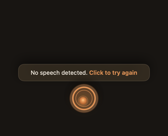 MindDrip reporting that no speech was detected and offering a click-to-retry action.