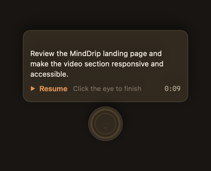 MindDrip paused with the completed words preserved, a Resume control, and nine-second timer.