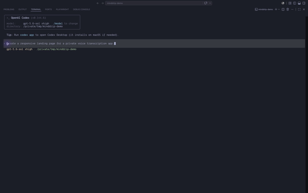 The dictated prompt placed in a real Codex input field.